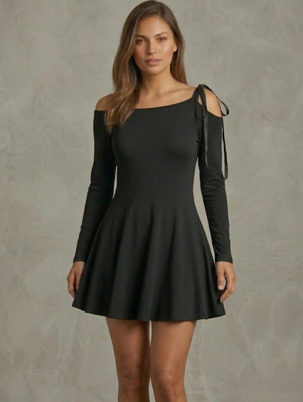 Black Bateau Neck Cold Shoulder Tie Sleeve Fit & Flare Skater Dress Size L